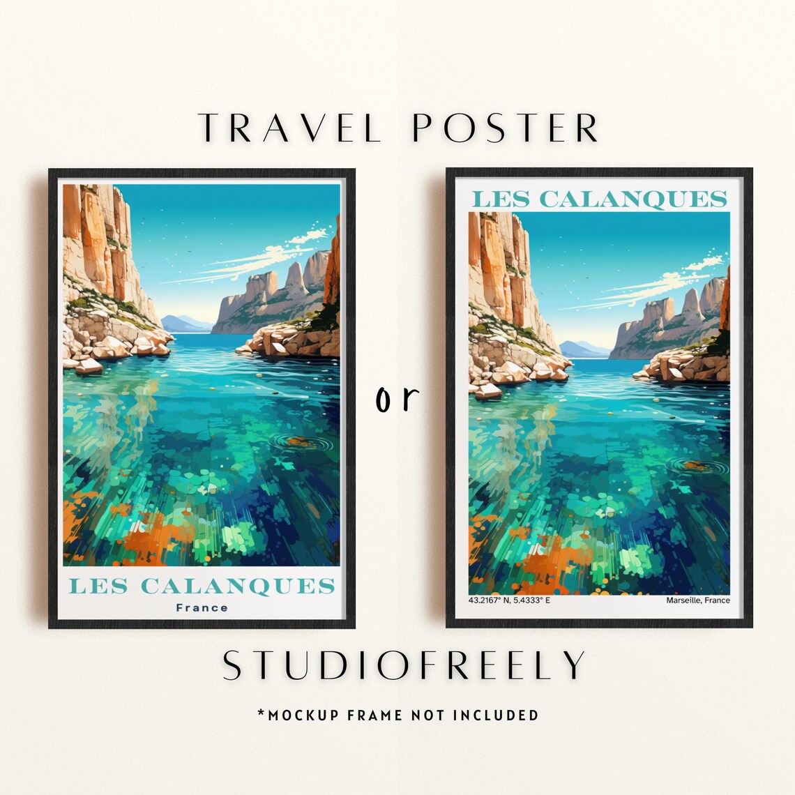 Art Deco Les Calanques France Travel Poster Turquoise Cliffs