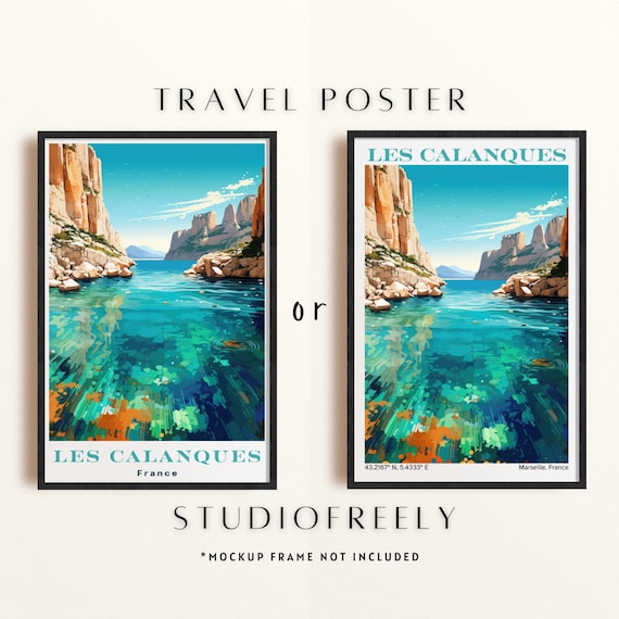 Art Deco Les Calanques France Travel Poster Turquoise Cliffs