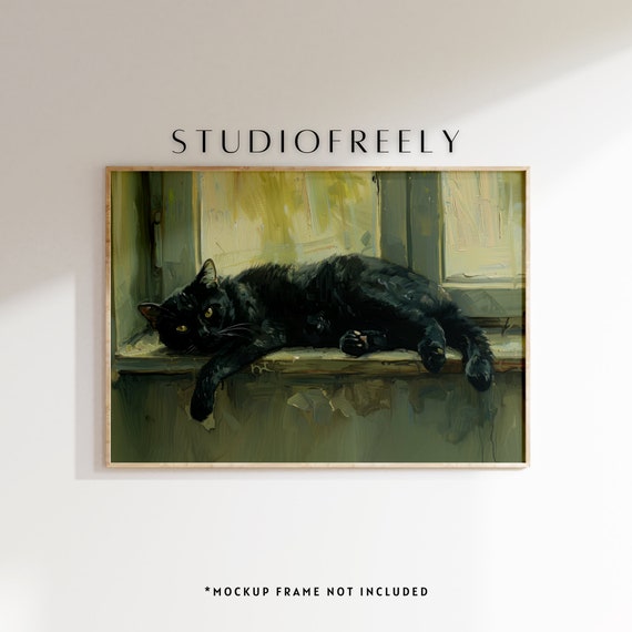 Black Cat Lounging Painting Cozy Feline Wall Art Modern Petinspired Decor