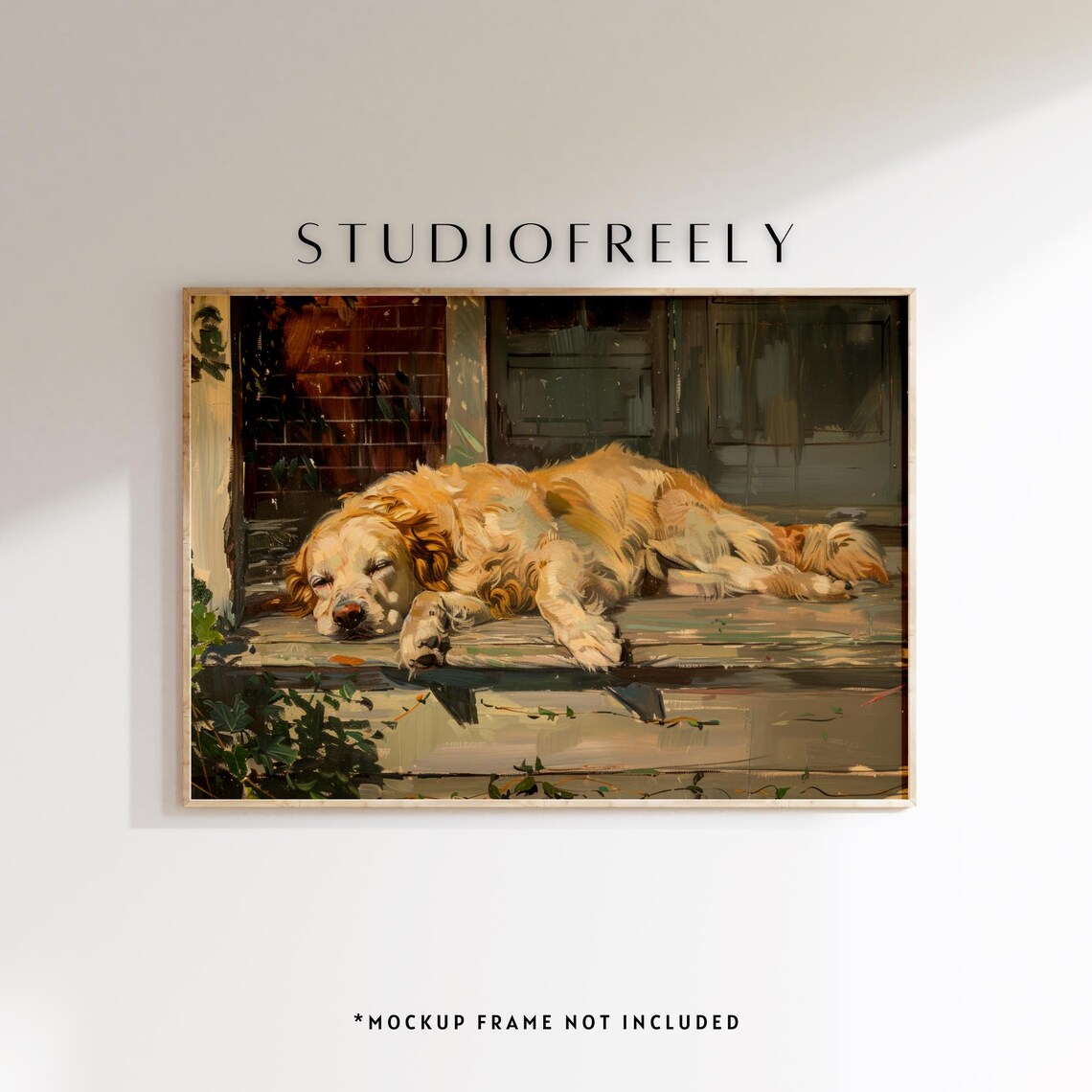 Sleeping Golden Retriever on Sunny Porch Dog Oil Painting Poster