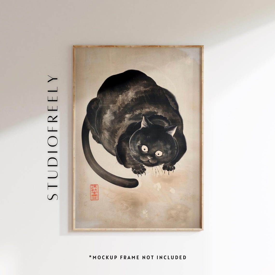 Playful Chubby Black Cat Japanese Ukiyoe Ink Wash Painting Poster