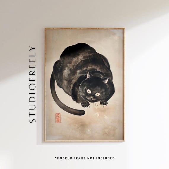 Ukiyoe Black Cat Art Print Playful Fat File