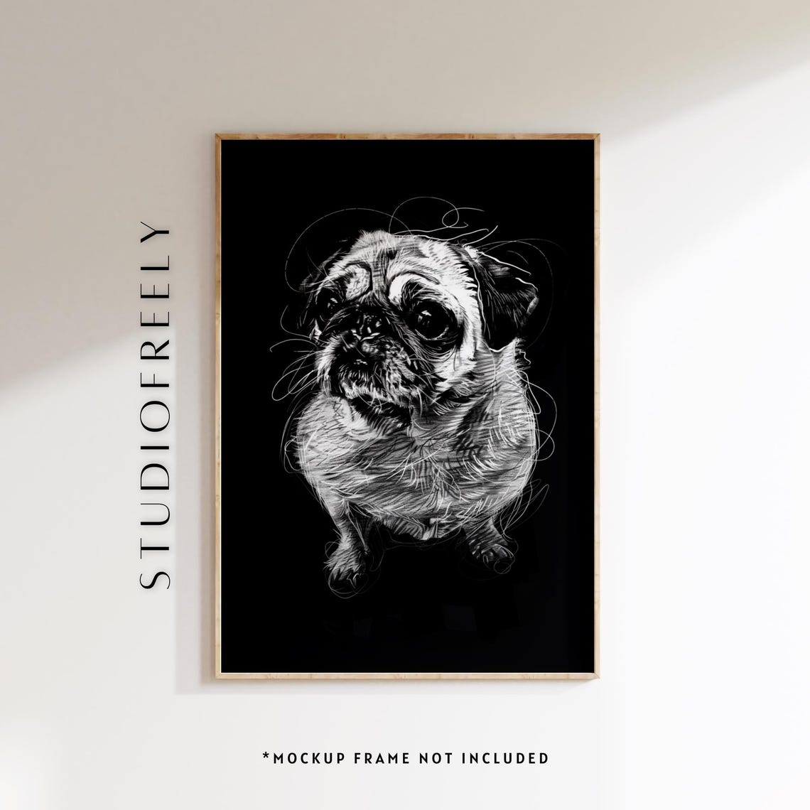 Pug Sketch On Black Background White Scribble Dog Portrait Poster