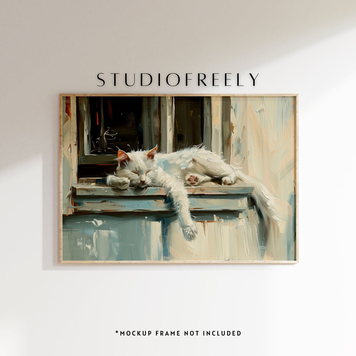 White Cat On Windowsill Oil Painting, Rustic Decor
