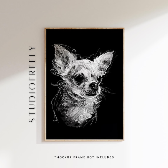 Chihuahua Portrait White On Black Scribble Sketch Dog Art Poster