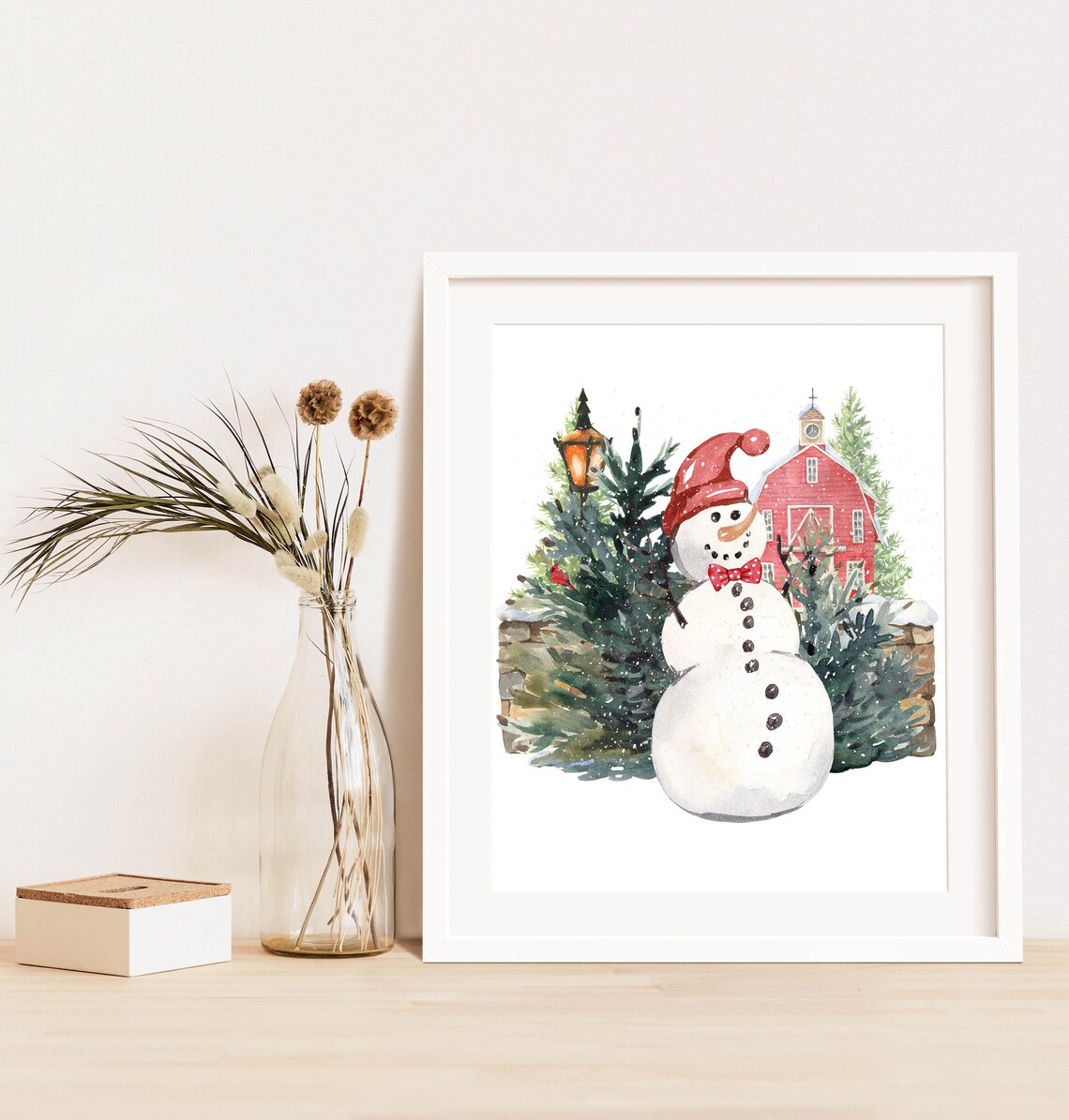 Snowman With Red Hat And Bow Tie Red Barn Winter Watercolor Poster - Image 5