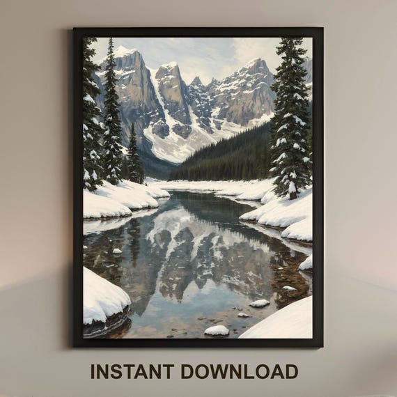 Rocky Mountains Wall Art Winter Lake Snow Pines Landscape Poster Print