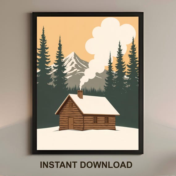 Log Cabin Wall Art Fir Trees Snow Mountains Winter Nature Poster Print Decoration