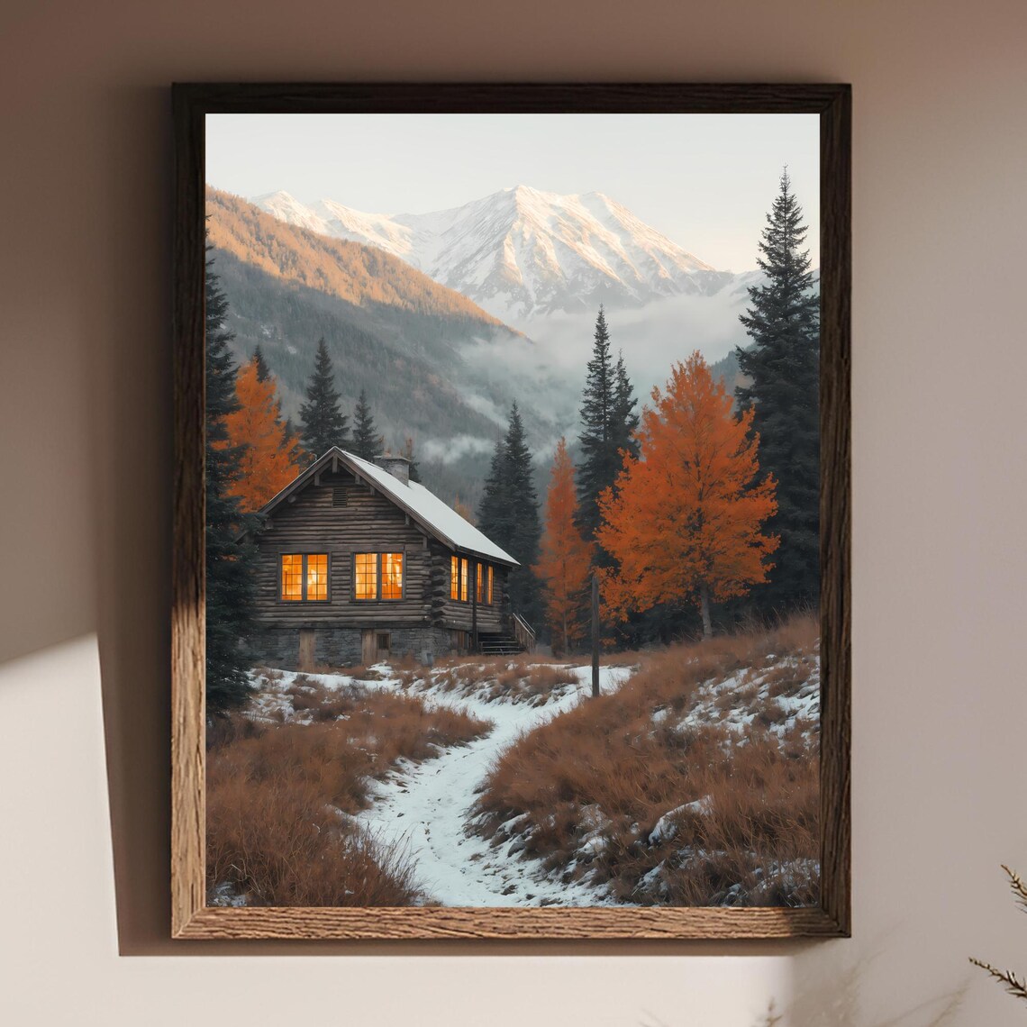 Rustic Log Cabin Poster Print, Autumn Winter Mountains