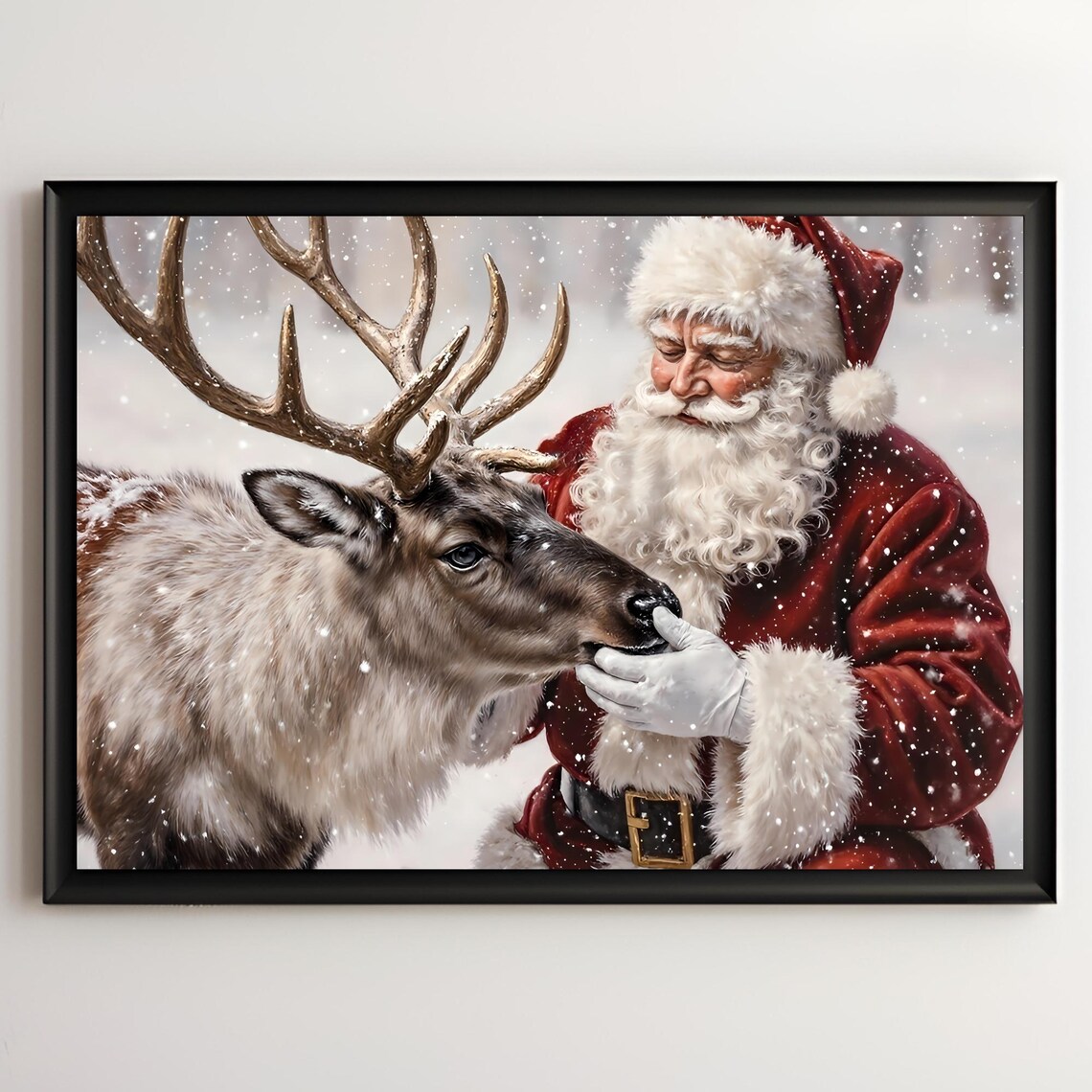 Santa Claus Reindeer Tender Snowy Moment Christmas Holiday Poster