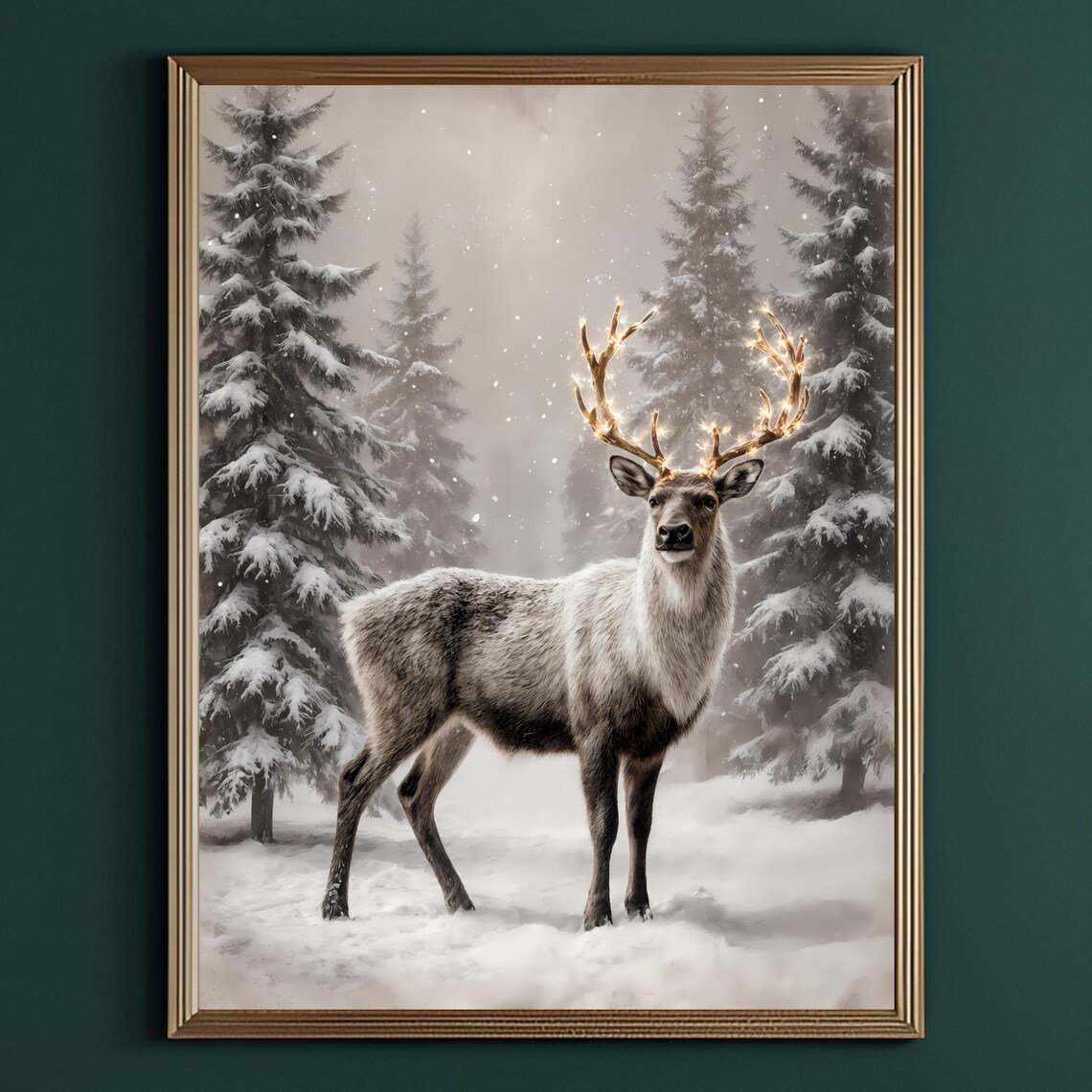 Reindeer in Snowy Forest Glowing Antlers Christmas Winter Poster