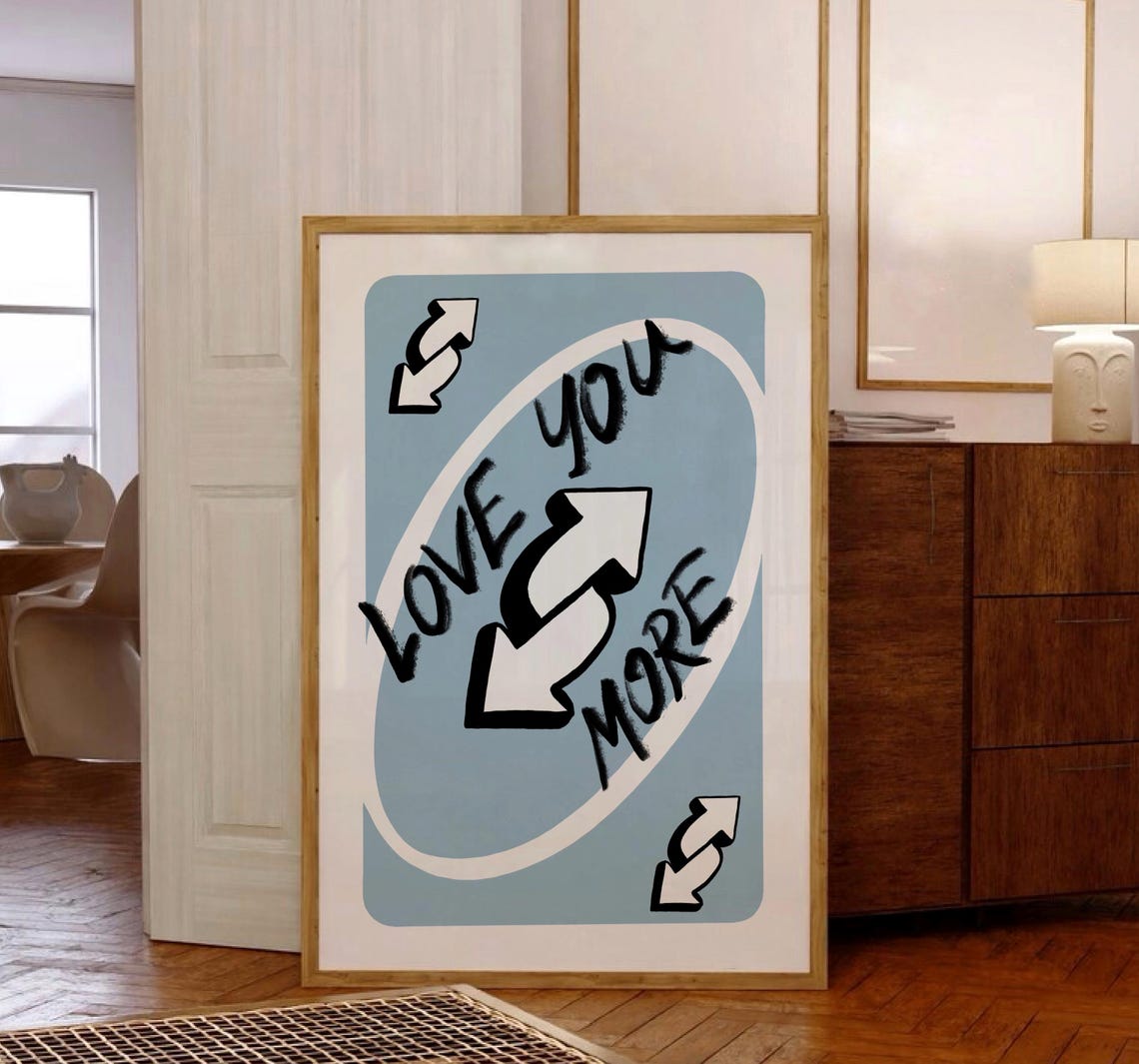 Love You More Blue Reverse Card Trendy Romantic Quote Poster