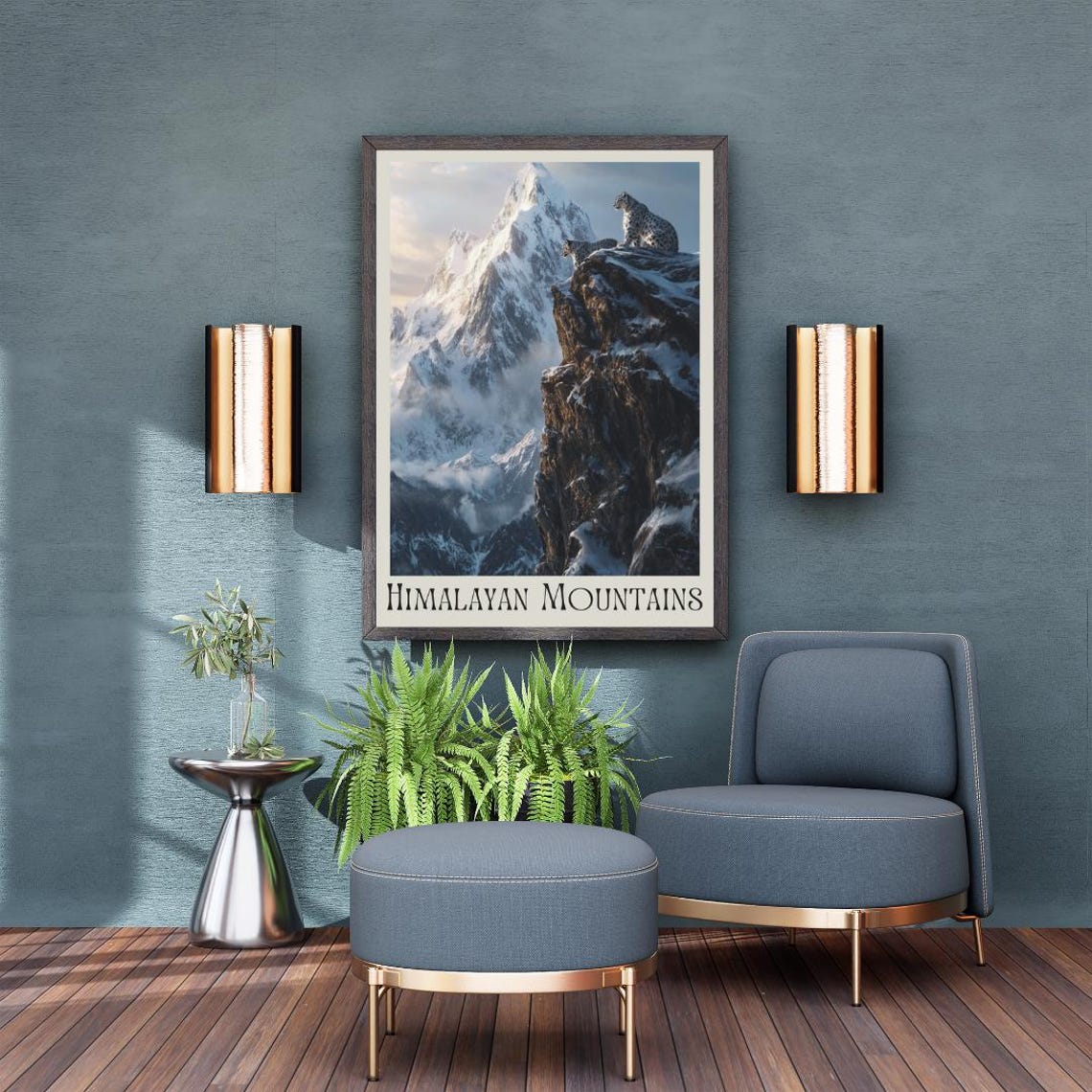 Himalayan Mountains Poster with Snow Leopards on a Rocky Cliff - Image 3