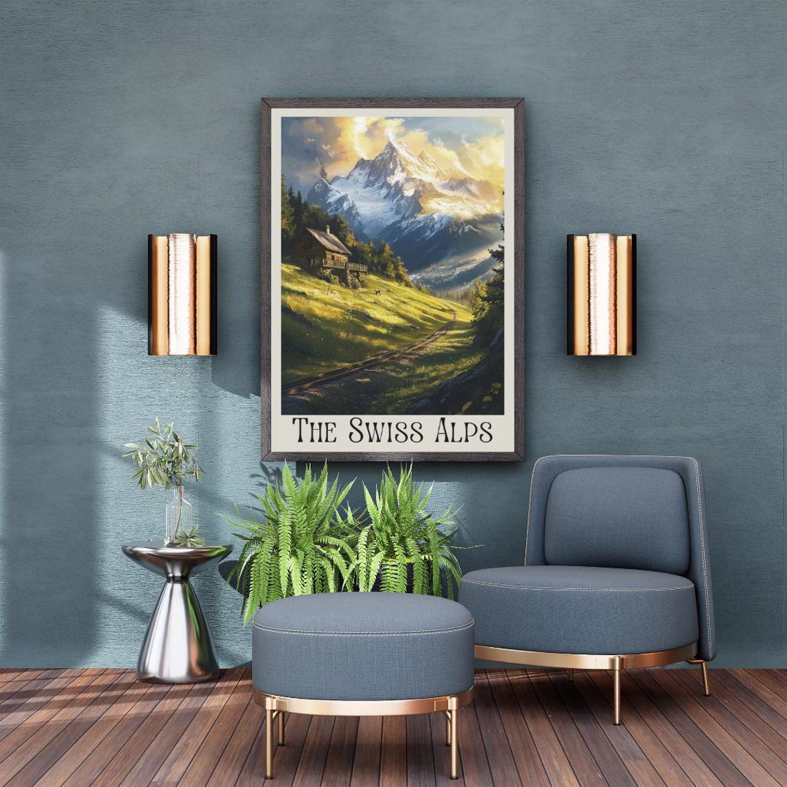 The Swiss Alps Poster with Mountain Cabin and Railway Valley - Image 3