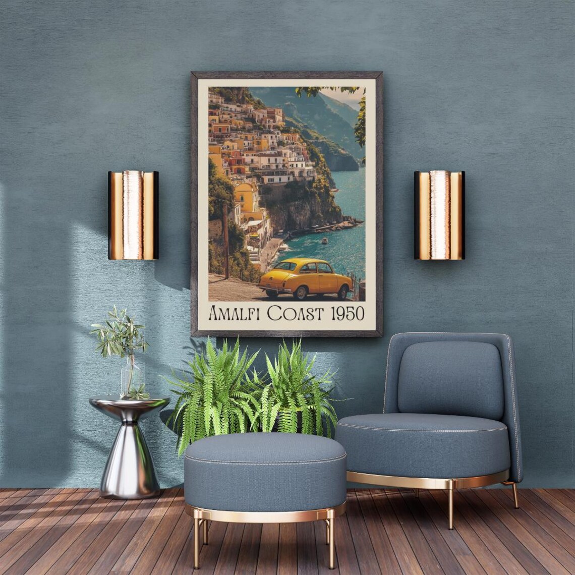 Amalfi Coast 1950 Poster with Yellow Vintage Car and Cliffside Town - Image 3