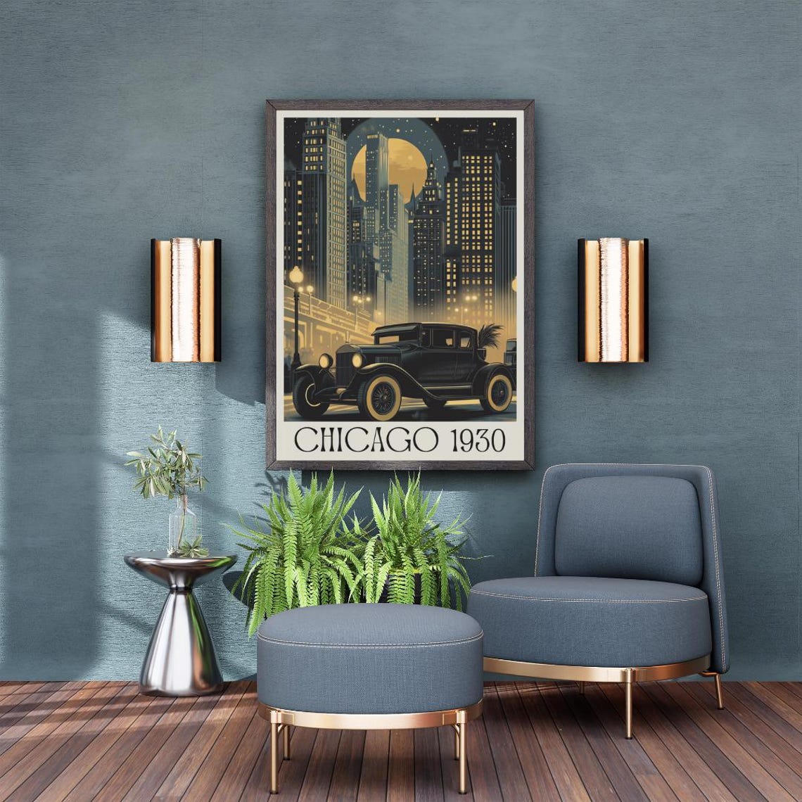 Chicago 1930 Retro Poster with Vintage Car and Night Skyline - Image 5