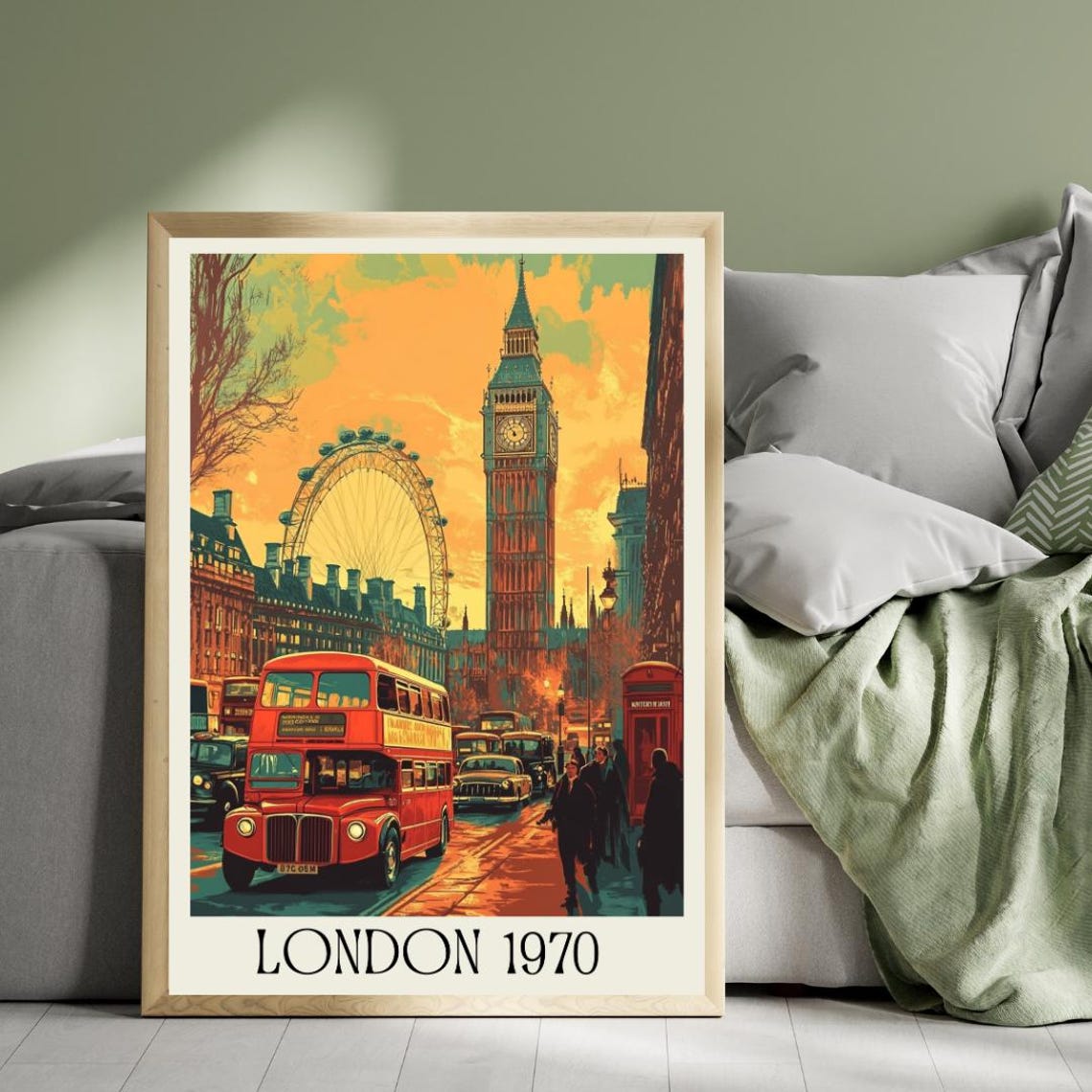 London 1970 Retro Poster with Big Ben and Classic Double Decker Bus