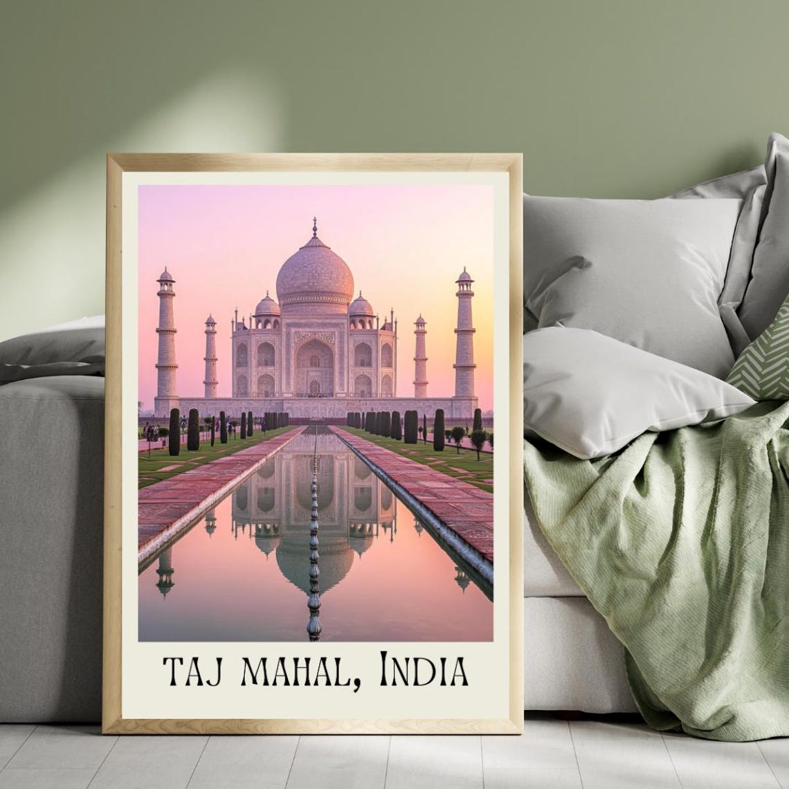 Taj Mahal India Travel Poster with Dawn Reflection in the Long Pool