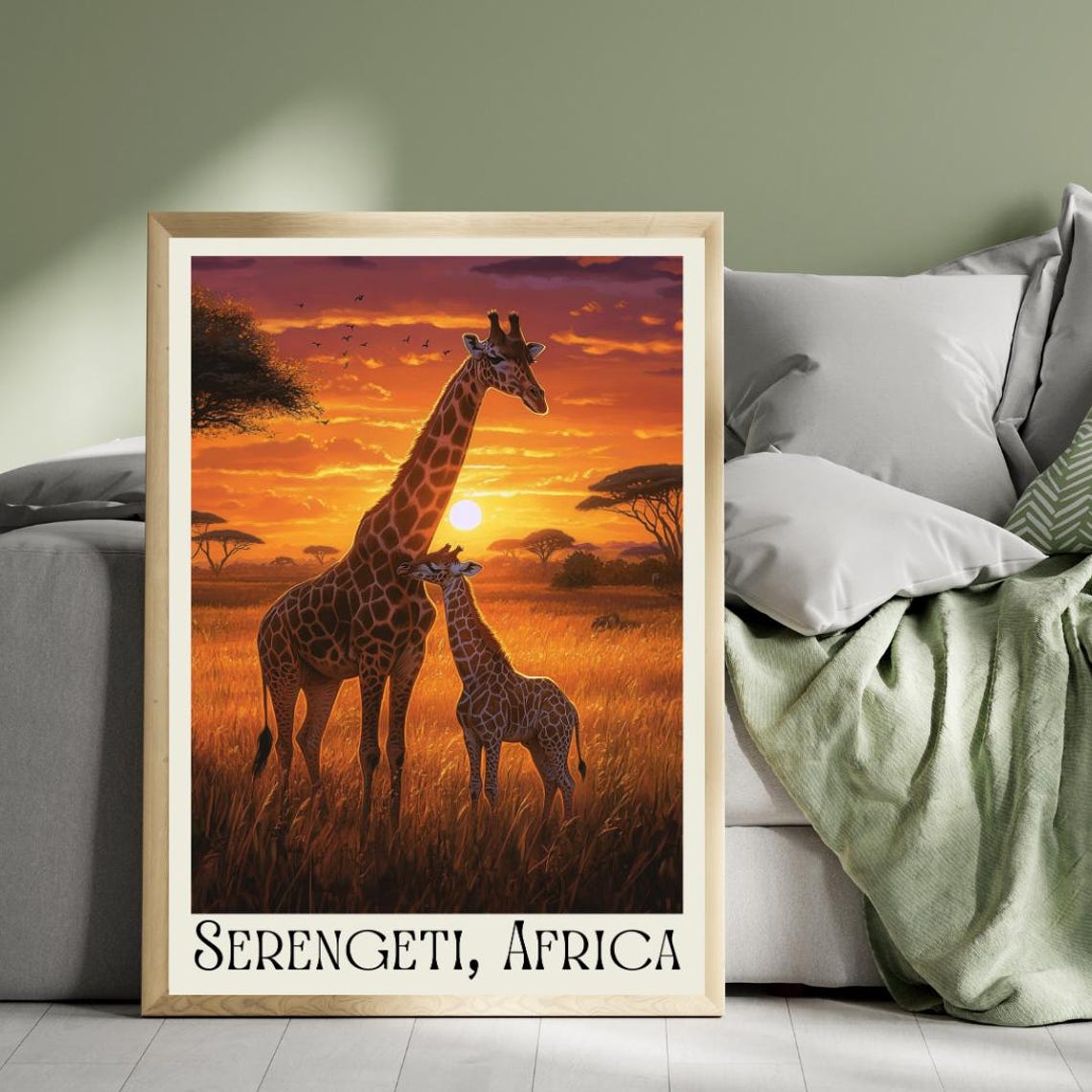 Serengeti Africa Poster with Giraffe Mother and Calf at Sunset