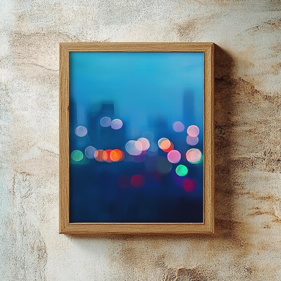 Colorful City Night Bokeh Lights Deep Blue Abstract Wall Print