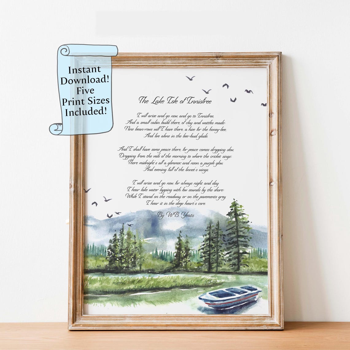 The Lake Isle of Innisfree W B Yeats Poem Watercolor Lakeside Print