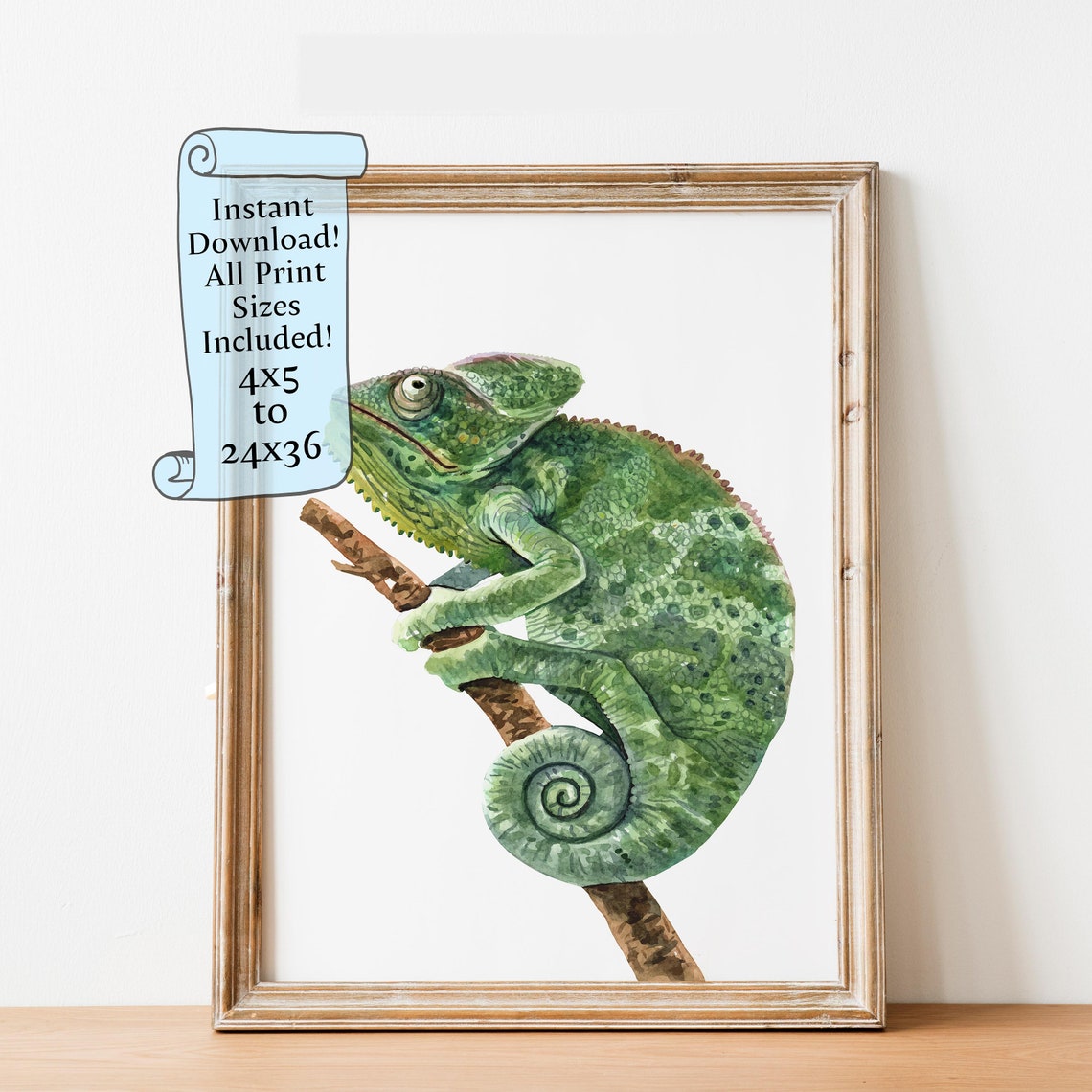 Watercolor Chameleon on Branch Wildlife Illustration Art Poster