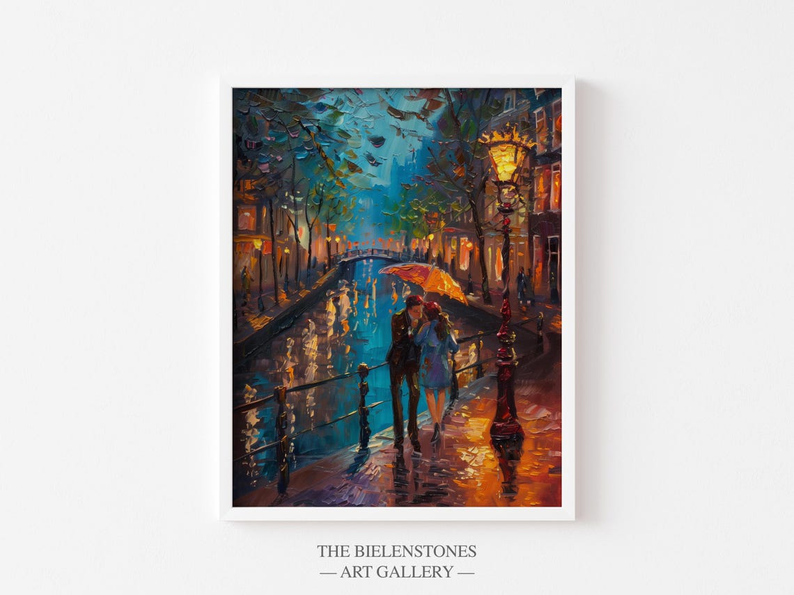 Amsterdam Canal Night Couple Kiss Bridge Umbrella Romance Art Poster