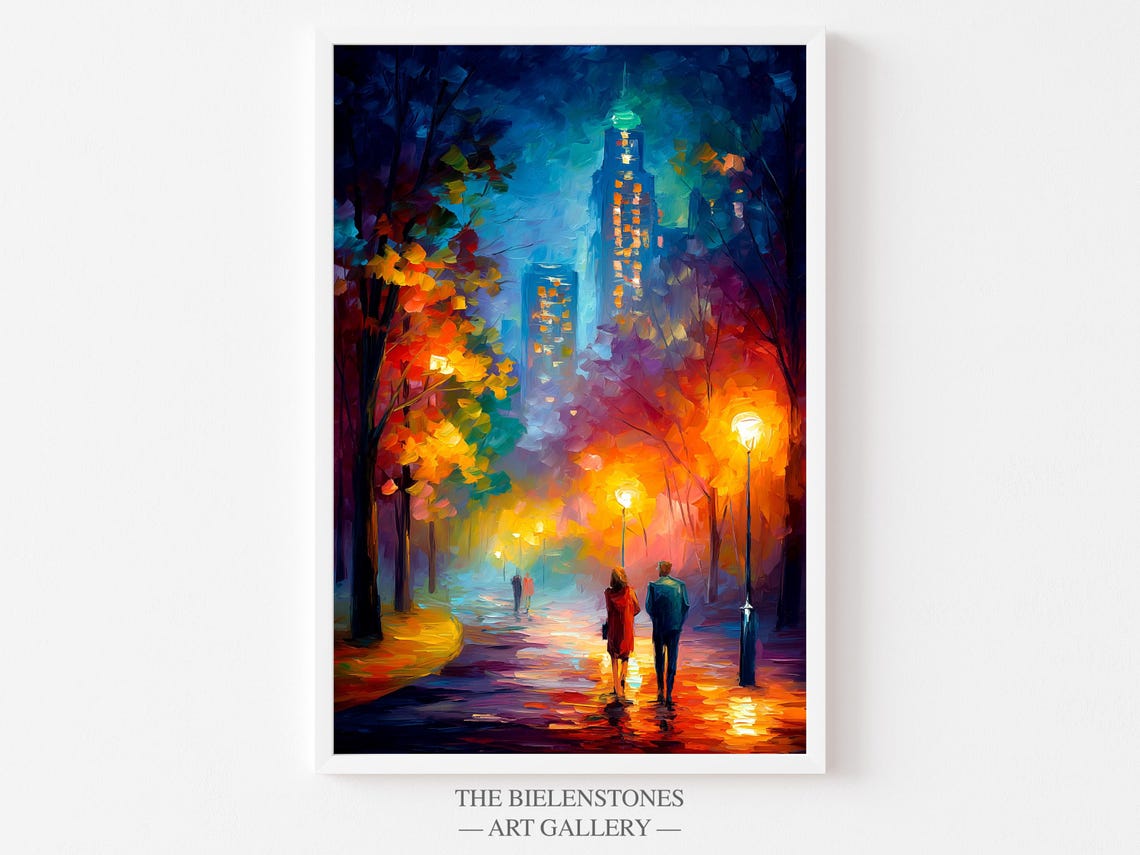 Central Park Autumn Evening Couple Skyline Romantic NYC Art Poster
