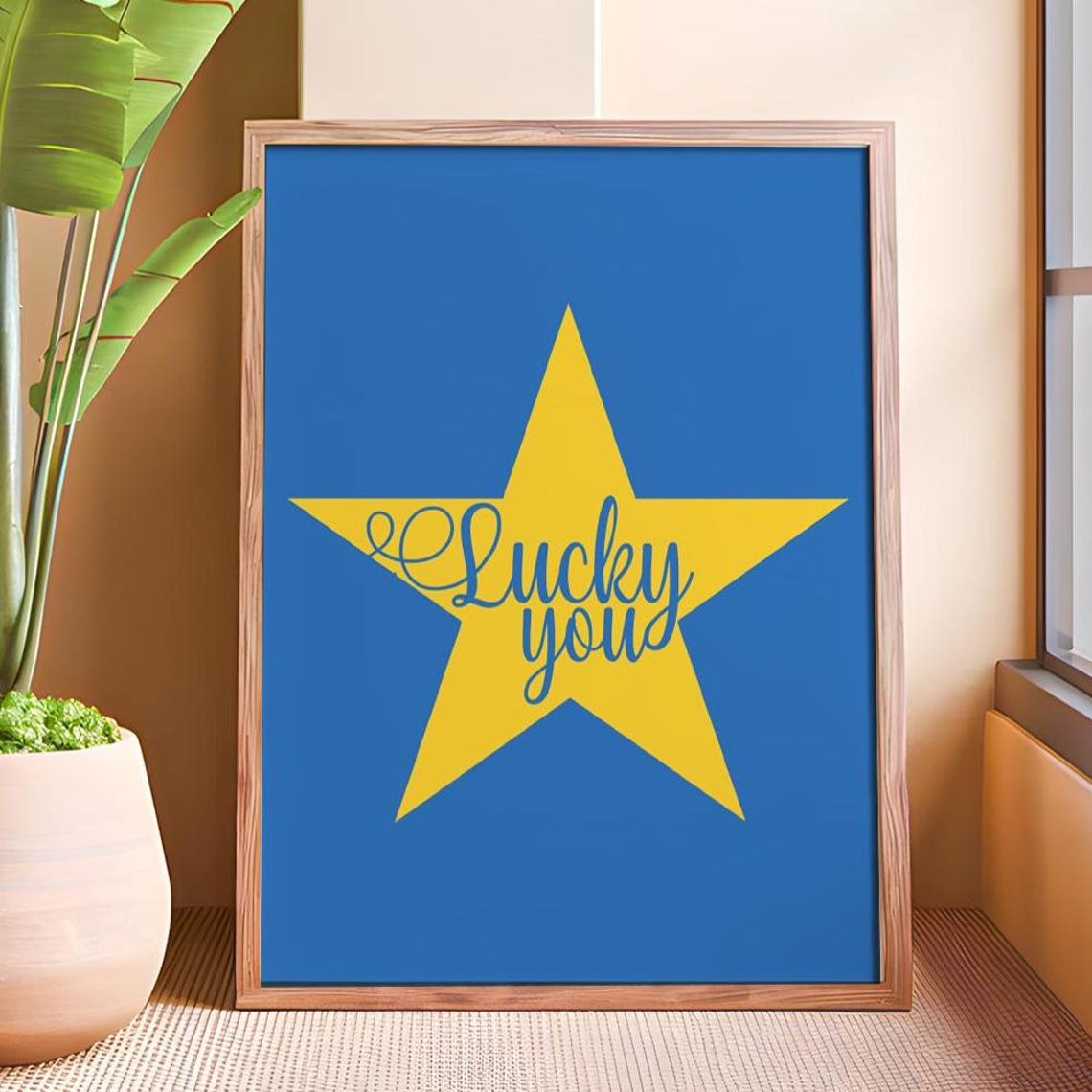 Lucky You Script Lettering Yellow Star Retro Blue Wall Decor Poster - Image 6