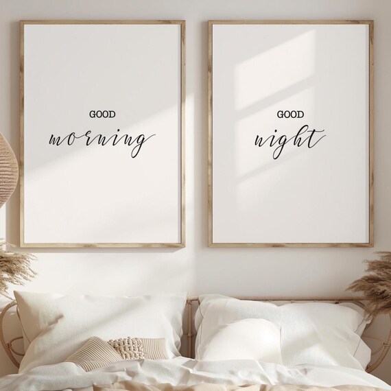 Good Morning Good Night Matching Pair Script Typography Bedroom Poster