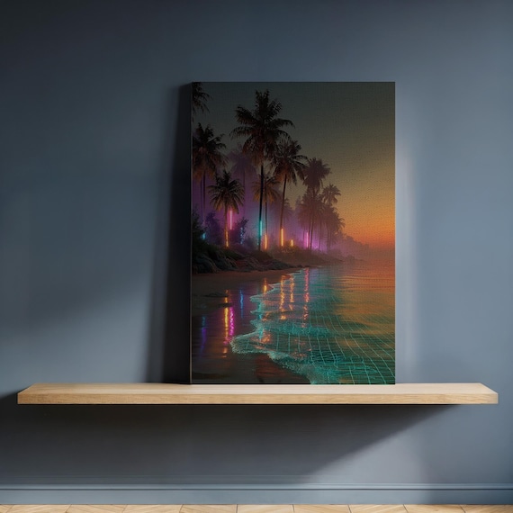 Neon Palm Beach Sunset Vaporwave Tropical Retro Canvas Poster