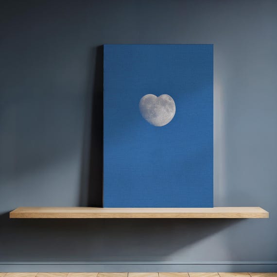 Framed Heart Moon Canvas Wall Art Minimalist White Lunar Print On Blue Romantic Celestial Decor For Bedroom Or Thoughtful Gift