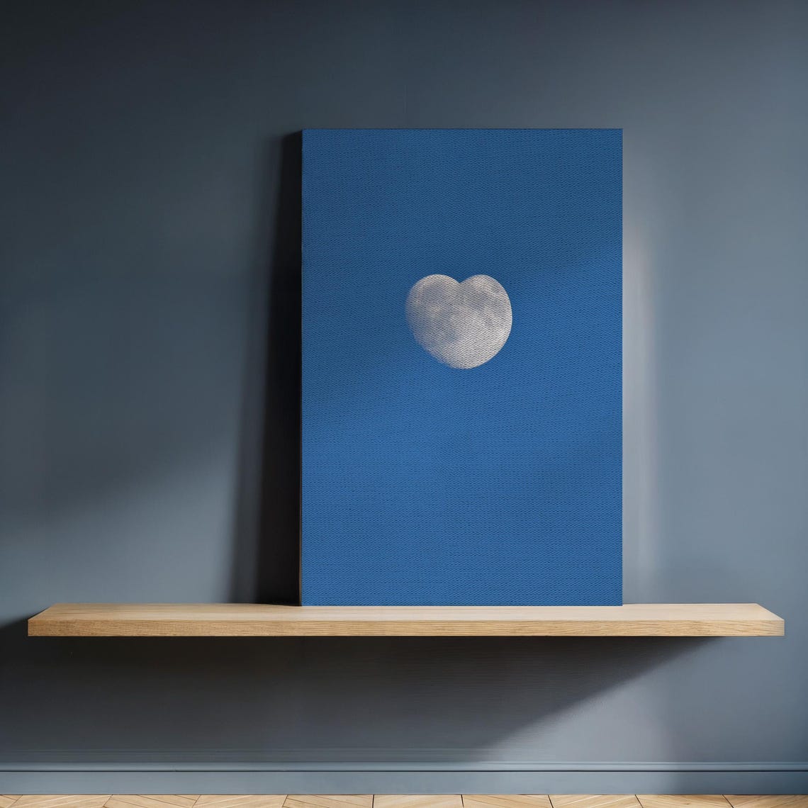 Heart Moon Canvas Minimalist White Lunar Blue Celestial Wall Art