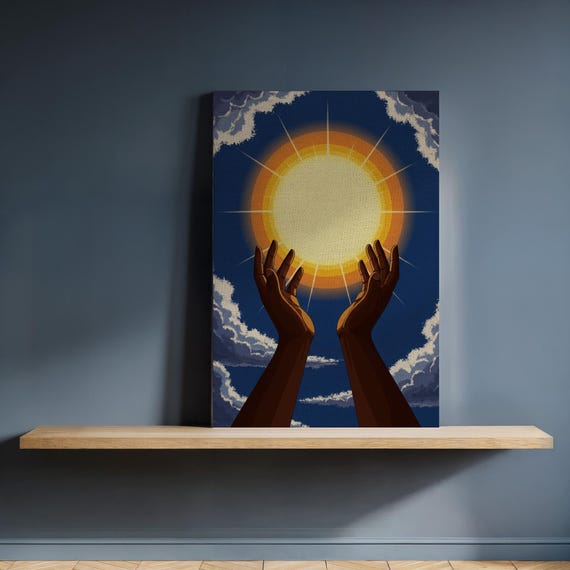 Hands Reaching Sun Canvas Wall Art Radiant Sunlight In Blue Sky Bold Spiritual Print Framed Inspirational Afrocentric Home Decor