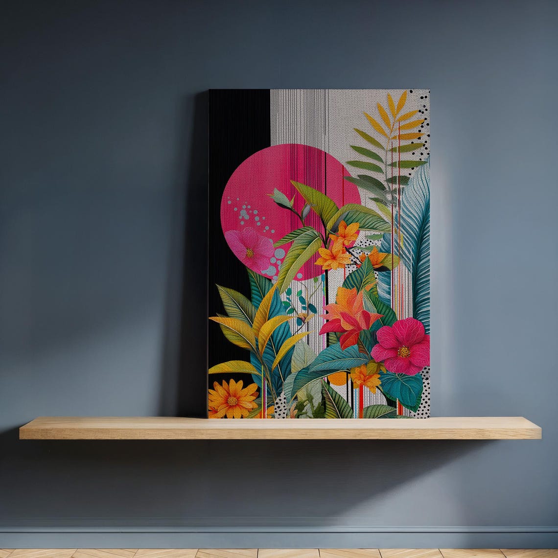 Tropical Botanical Canvas Pink Sun Hibiscus Palm Leaves Modern Poster