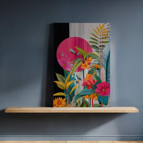 Tropical Flowers Canvas Wall Art Colorful Botanical Framed Print With Pink Sun Bold Floral Painting For Kitchen Or Modern Decor