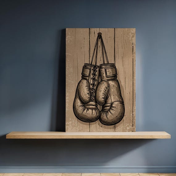 Vintage Boxing Gloves Canvas Wall Art Rustic Sports Illustration On Wood Texture Framed Athletic Decor For Gym Office Or Masculine