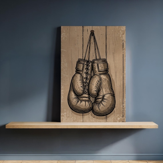 Vintage Boxing Gloves Rustic Wood Sports Illustration Art Poster