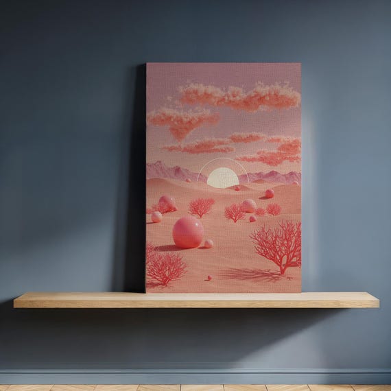 Pink Desert Landscape Canvas Art Print Surreal Pastel Sunset With Dreamy Hills And Spheres For Modern Boho Or Minimalist Home Decor
