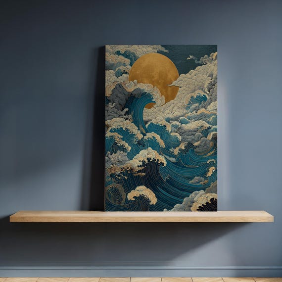 Framed Moon Ocean Wave Canvas Wall Art Japanese Style Stormy Sea Print Tranquil Blue And Gold Decor Gift For Zen Nautical Or Boho Homes