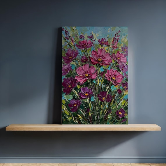 Pink Purple Wildflowers Textured Impasto Floral Canvas Poster