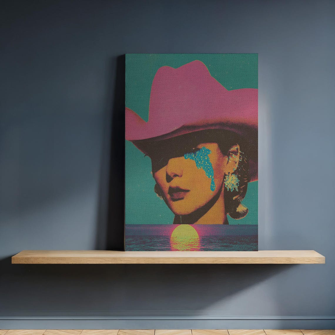 Surreal Cowgirl Pop Art Pink Hat Teal Face Drips Western Poster