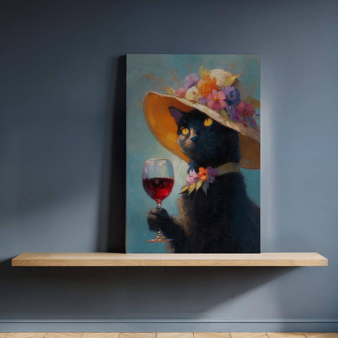 Black Cat Floral Sunhat Wine Glass Whimsical Portrait Poster