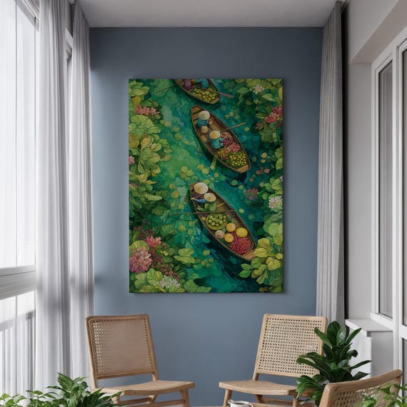 Floating Market Canvas Wall Art Aerial View Of Boats With Fruit And Flowers Framed Tropical Green River Scene For Kitchen Or Boho Decor