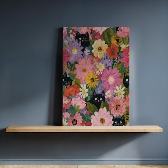 Black Cats Hidden in Blooming Flowers Whimsical Garden Art Poster