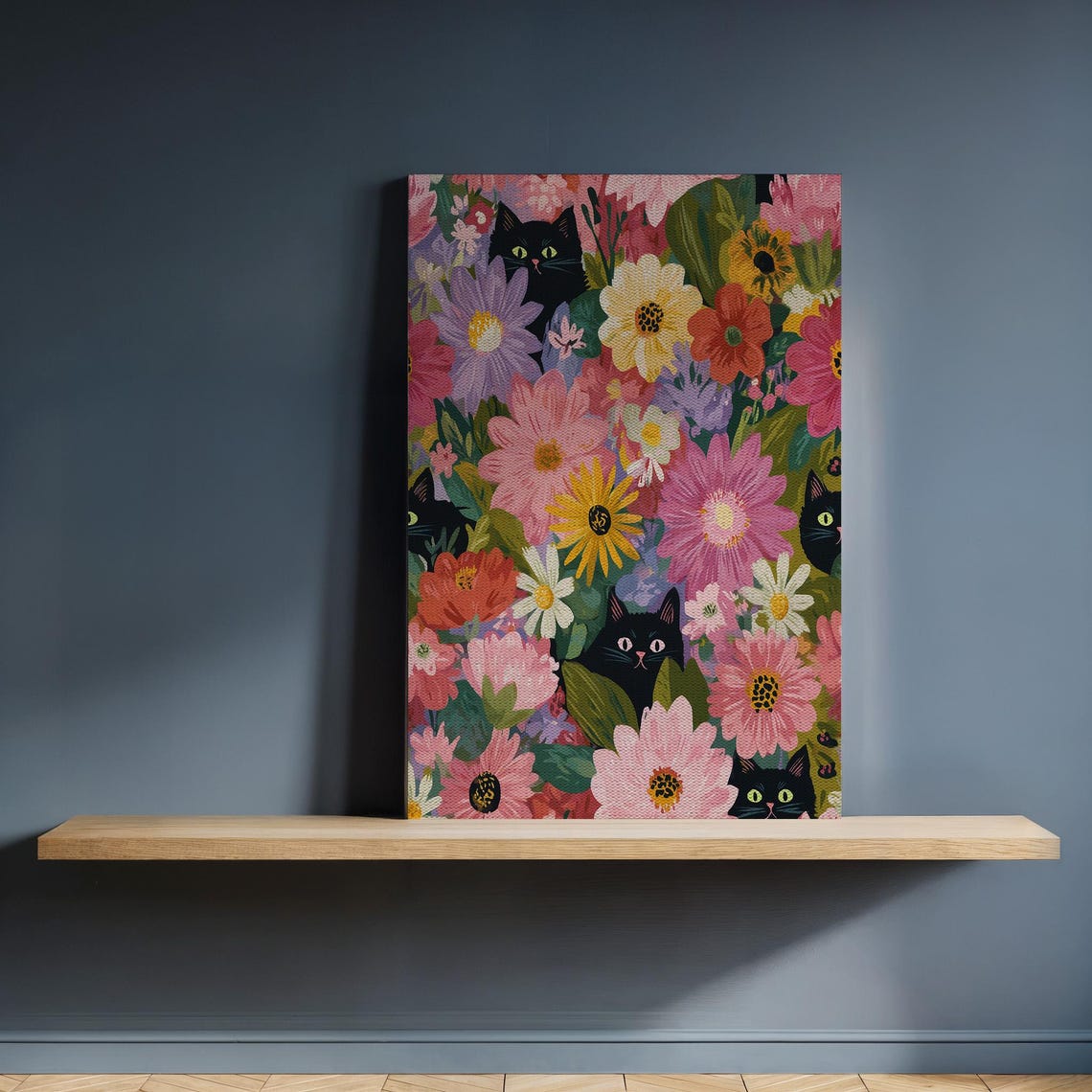 Black Cats Hidden in Blooming Flowers Whimsical Garden Art Poster