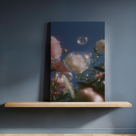 Framed Floral Bubble Wall Art Print Pink Peony Garden Canvas With Sunlight And Sky Dreamy Botanical Photography Gift For Nature Lovers