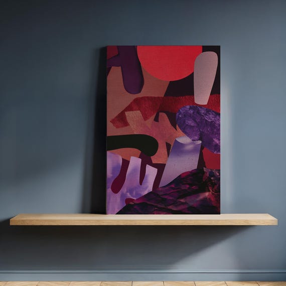Framed Abstract Collage Wall Art Bold Red And Purple Textured Shapes Canvas Modern Geometric Gift For Contemporary Interior Design