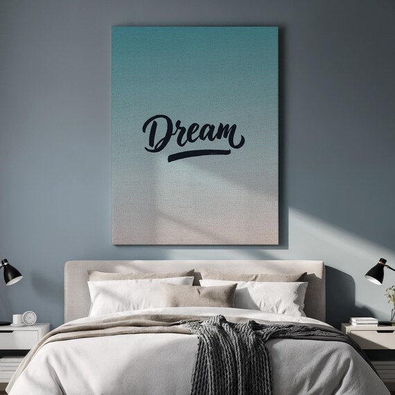 Dream Typography Canvas Wall Art Gradient Blue Beige Motivational Print Framed Minimalist Kitchen Bedroom Decor For Calm And Inspiration