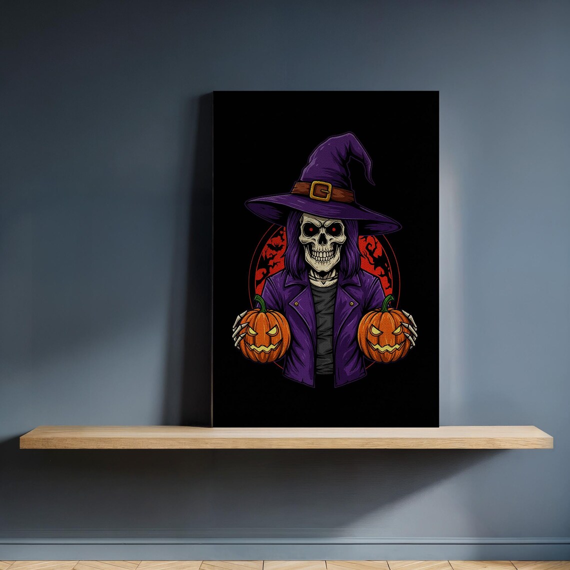 Halloween Skeleton Witch Canvas Wall Art Gothic Pumpkin Reaper Illustration Framed Spooky Dark Print For Horror And Home Decor